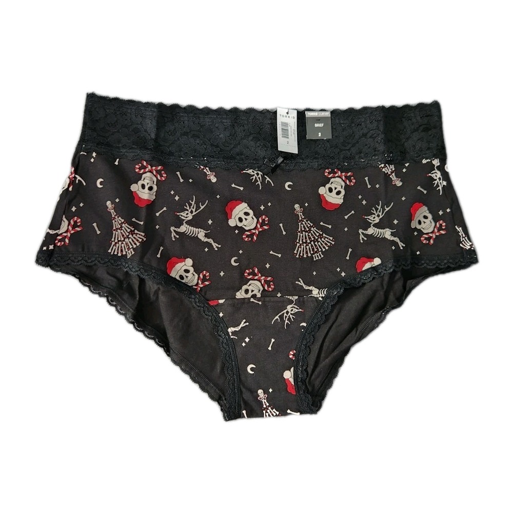 NWT TORRID Curve Sexy Brief Pantie 2X Black Lace Jersey‎ Santa Skulls Candy Cane